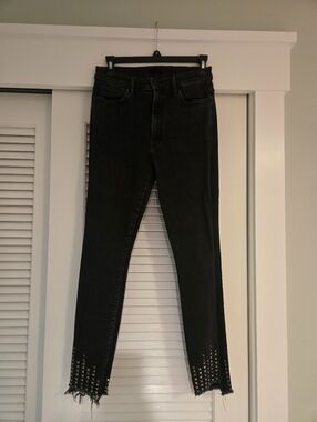 MOTHER Black Straight-Leg Jeans with Studded Frayed Hem